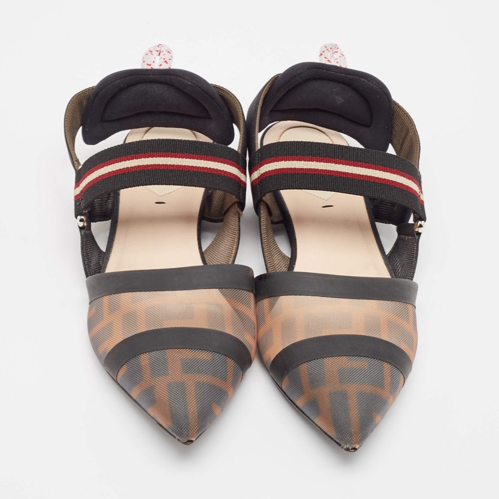 Fendi Brown/Black Zucca Mesh and Canvas Colibri Slingback Flat Sandals Size 38
